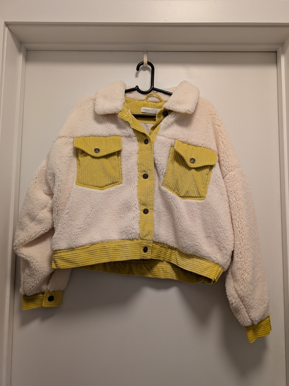 Pilcro Cream Sherpa Jacket with Yellow Corduroy Trim
